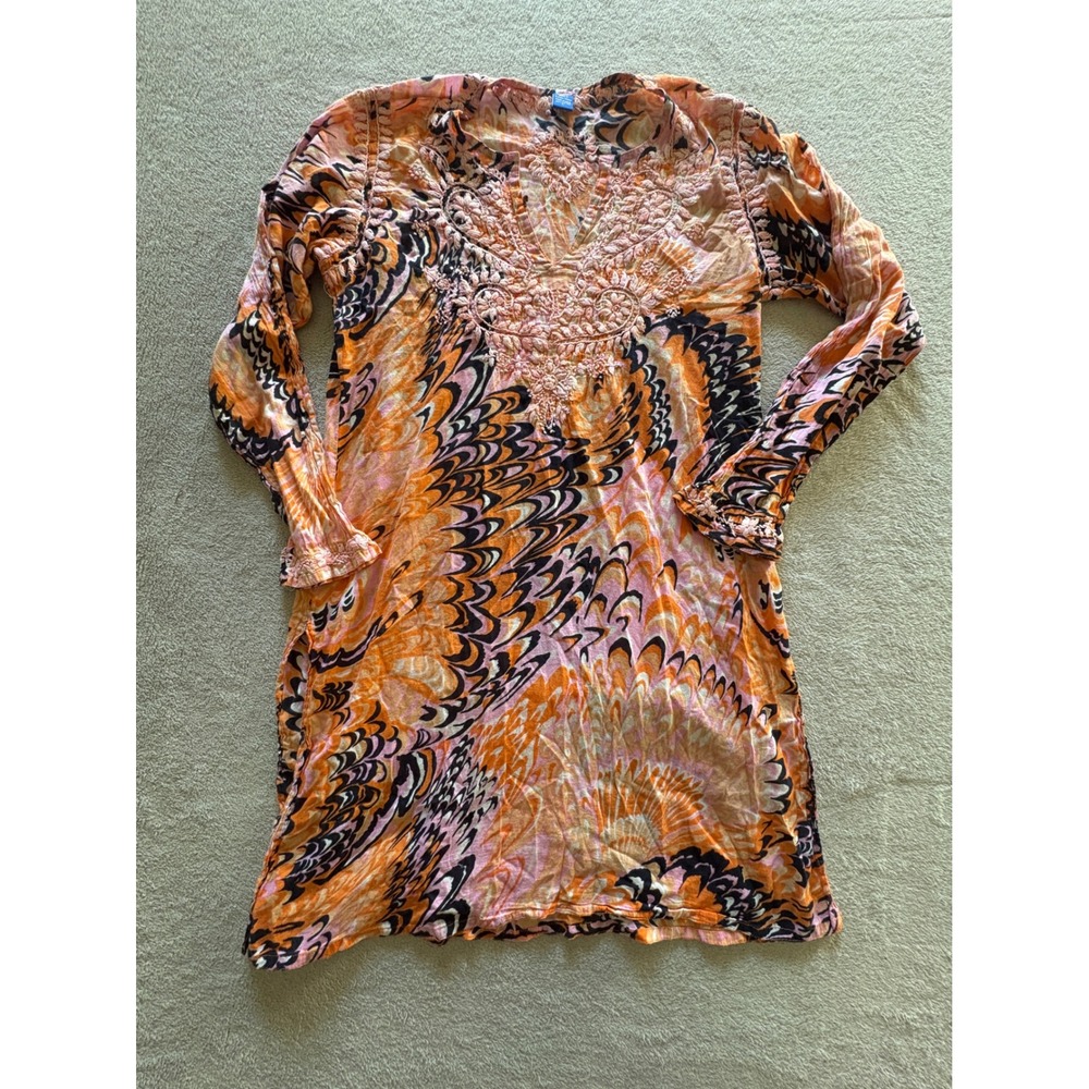 Raj Womens Orange Pink Marbled Peacock Print Embroidered Cotton Tunic Dress L